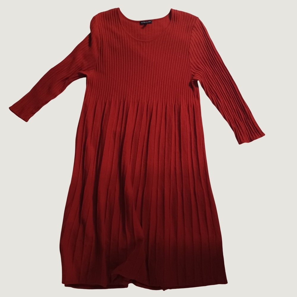 Eileen Fisher Red Ribbed Knit Crew Neck Sweater Italian Yarn Womens Size Small
